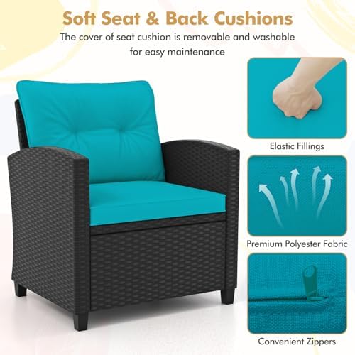 RELAX4LIFE 3-Piece Patio Furniture Set - Wicker Rattan Bistro Sofa Set w/Glass Top Coffee Table, Washable Cushions for Porch Balcony Backyard Poolside, Outdoor Furniture Conversation Set (Turquoise) - Image 4