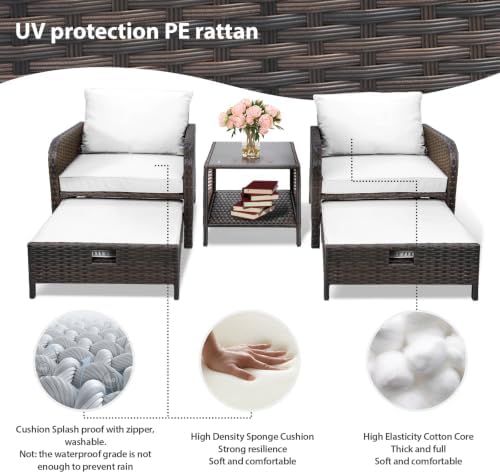 LEVELEVE Balcony Furniture 5 Piece Patio Conversation Set, PE Wicker Rattan Outdoor Lounge Chairs with Soft Cushions 2 Ottoman&Glass Table for Porch, Lawn-Brown Wicker（Ivory White - Image 6