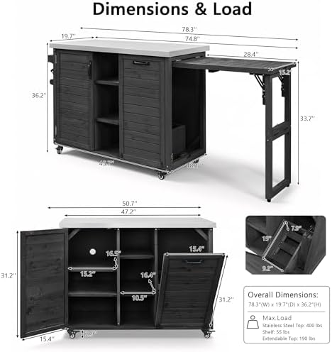 Merax 78.3" Outdoor Kitchen Island with Foldable Grill Table, Wooden Outdoor Grill Cart with Trash Can Storage & Stainless Steel Top, Outdoor Bar Cart, Pizza Oven Table for Lawn & Garden, Black - Image 2