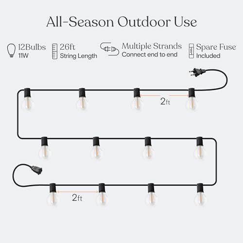 Brightech Ambience Pro LED String Lights - 26 Ft Patio Lights Outdoor Waterproof - Globe Porch String Lights for Outside, Christmas, Backyard - 12 Bulbs, 1W Vintage Edison, Warm White Black - Image 5