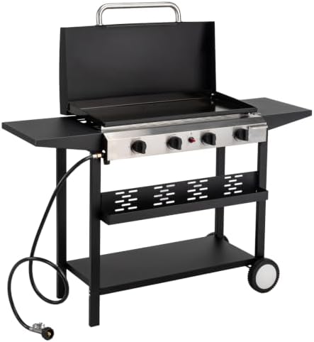 ROVSUN 4 Burner Portable Propane Griddle with Ignition, 40000 BTU Freestanding Flat Top Gas Grill with Enameled Tray, Lid, Side Shelves & Regulator for Outdoor Cooking Camping BBQ by ROVSUN