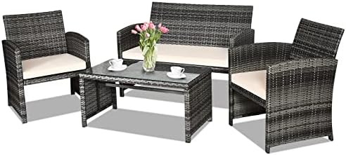 Goplus 4-Piece Rattan Patio Furniture Set, Outdoor Wicker Conversation Sofa with Weather Resistant Cushions and Tempered Glass Tabletop for Lawn Backyard Pool Garden (Beige) by Goplus