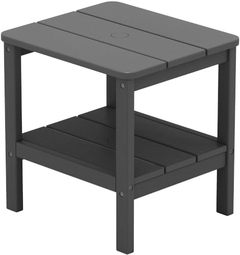 SERWALL Double Layer Adirondack Side Table with Umbrella Hole, HIPS Outdoor Side Table Rectangular End Tables for Patio, Poolside, Garden, Gray by SERWALL