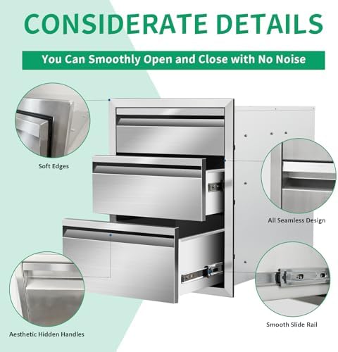 Outdoor Kitchen Drawers 16" W x 21" H x 23" D Stainless Steel Triple Drawers with Hidden Handle for BBQ Island, Patio Grill Station & Outdoor Kitchen Cabinets - Image 4