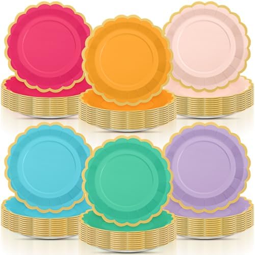 96 Pcs Candy Rainbow Paper Plates 9 Inch Scalloped by Tiangrid
