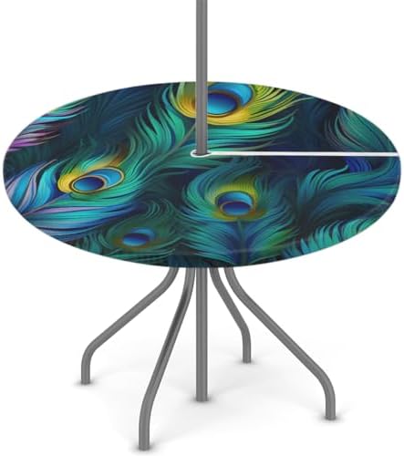 Fitted Round Tablecloth with Umbrella Hole and Zipper Peacock Outdoor Elastic Table Cloth 45"-56" Oil-Proof Waterproof Peacock Feather Patio Table Cover for Picnic Party by GzLeyigouHomeKitchen