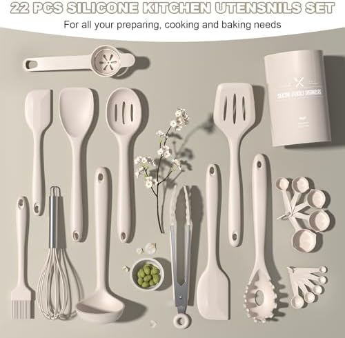 Umite Chef 22-Piece Silicone Cooking Utensils Set，Heat Resistant & Dishwasher Safe Kitchen Tools, Black Non-Scratch Spatula Set for Nonstick Cookware (Khaki) - Image 5