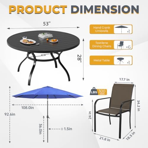 Incbruce 8 PCS Patio Dining Set with Dark Blue Umbrella, Outdoor Dining Set of 6 Textilene Chairs and 53" Round Table with Umbrella Hole for Backyard, Garden, and Poolside (Brown) - Image 3