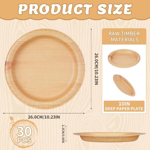 30 Pcs Wood Grain Paper Plates 10 Inch, Double Thick & Extra Sturdy Wood Paper Plates, Microwave Safe, Soak Proof Disposable Plates for Woodland Baby Shower, Camp Party, Birthday Party - Image 7