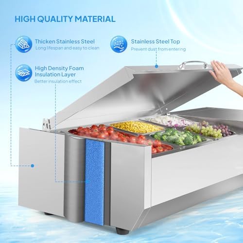 ROVSUN Refrigerated Condiment Prep Station, 40" Sandwich Prep Table ETL NSF, 18QT Salad Bar Prep Rail w/Auto Defrost, Temp Control, Stainless Steel Cover, 1/3 Pan & 4 1/6 Pan for Restaurant Food Truck - Image 3