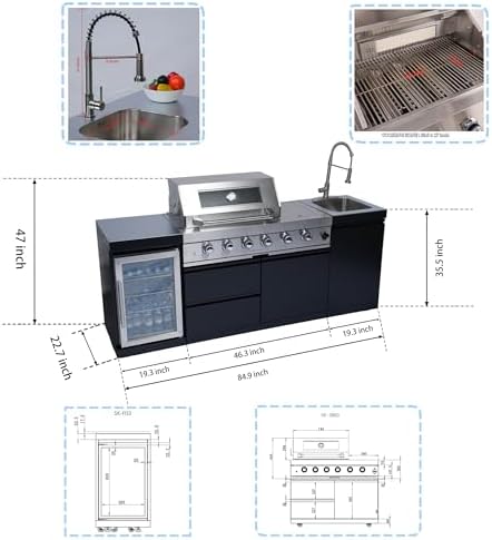 85-Inch 4-Burner Natural Gas Outdoor Kitchen Grill Island - 72000 BTU Stainless Steel BBQ, Refrigerator, Rotisserie, Stainless Countertops, Soft-Close Storage, For Patio, Lawn, Backyard, Black - Image 2