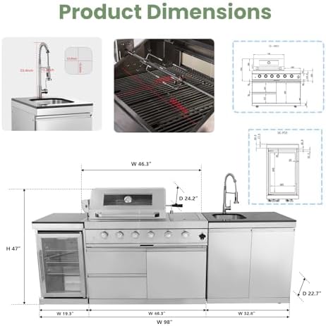 98" Rolling Outdoor Kitchen Island with Built-In 4 Burners 72,000 BTU Stainless Steel Gas Grill Featuring Rotisserie Oven,Granite Countertops,Beverage Fridge,Sink.(Silver + Fridge + Sink, Propane Gas) - Image 2