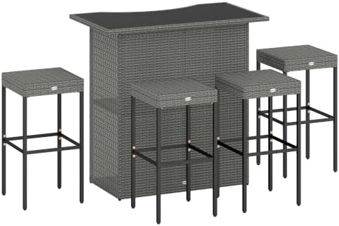 Outsunny 5 Piece Wicker Outdoor Bar Set with Glass Table Top Dark Gray by Outsunny