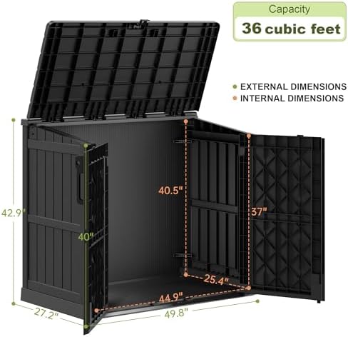 36 Cu Ft Resin Outdoor Storage Shed, Weatherproof Horizontal Outdoor Storage Cabinet with Dual Lock Door for Backyard, Patio, Garage, Garden(Black) - Image 3