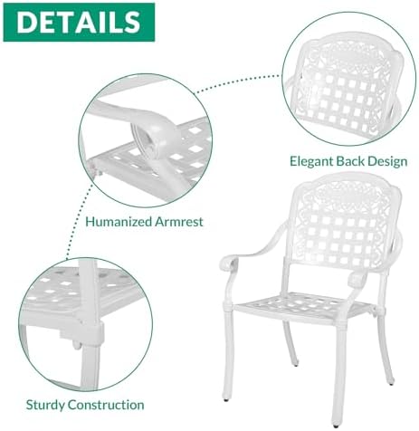 VIVIJASON 5-Piece Outdoor Patio Dining Set, All-Weather Cast Aluminum Conversation Set, Patio Furniture Set, Include 4 Chairs, a 35.4" Square Table w/Umbrella Hole, White - Image 4