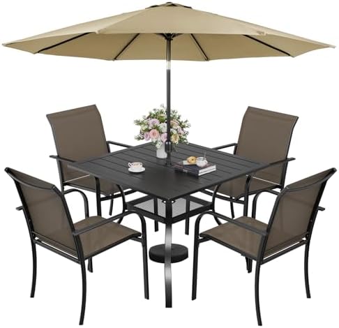 Incbruce 6-Piece Patio Furniture Set with Brown Umbrella, Patio Table and Chairs Set of 4 Textilene Chairs and Square Table with Umbrella Hole for Garden, Deck and Backyard (Brown) by Incbruce
