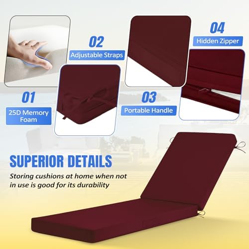 Basic Beyond Chaise Lounge Cushions Outdoor, 3-Layer Waterproof Outdoor Furniture Cushions with Removable Cover and 4 Ties, 72"x21"x3" Patio Lounge Chair Cushions for Outdoor Furniture, Burgundy - Image 3