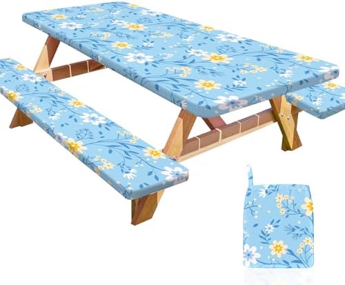 Picnic Table and Bench Cover Set, Waterproof Fitted Elastic Cloth by Unknown
