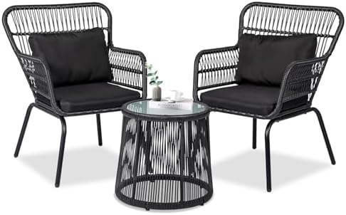 3 Piece Outdoor Wicker Furniture Bistro Set, Rattan Chairs Conversation Sets Wicker Patio Furniture for Balcony Poolside Backyard, Black/Black - Image 2