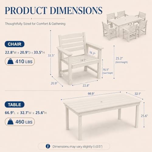 7 Pcs Outdoor Patio Dining Set, HDPE Table & Chairs with Umbrella Hole - Image 3