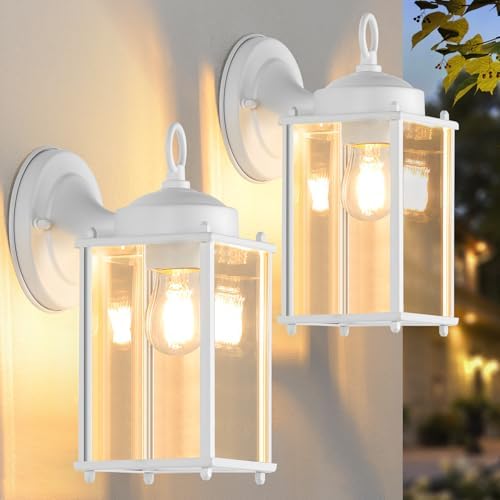 MATAMEYE Large Outdoor Wall Lantern, Exterior Waterproof Wall Sconce Light Fixtures, White Front Door Lighting with Clear Beveled Glass, Anti-Rust E26 Socket Porch Lamp, 2 Pack by MATAMEYE