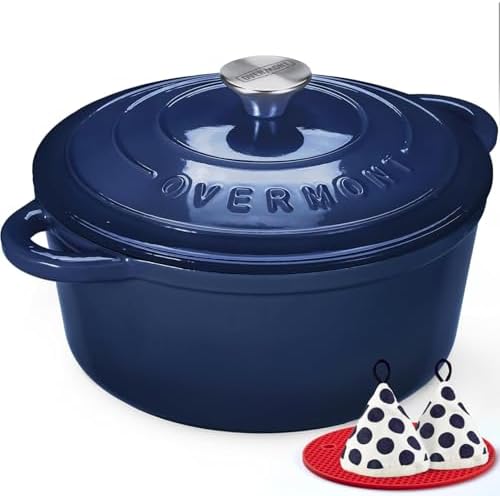 Overmont Enameled Cast Iron Dutch Oven - 7QT Pot with Lid Cookbook & Cotton Potholders - Heavy-Duty Cookware for Braising, Stews, Roasting, Bread Baking IndigoBlue by Overmont