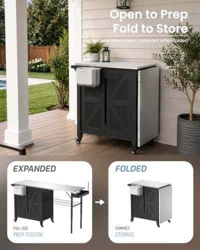 Outdoor Grill Cart with Storage Cabinet, 2-in-1 BBQ Prep Table with Foldable Side Shelf, Stainless Steel Top, Paper Towel Holder, Trash Bag Holder & Locking Wheels for Patio - Image 3