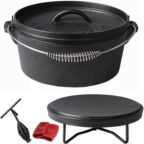 Pre-Seasoned Cast Iron Camp Dutch Oven, 4.1 qt, including Lid Lifter, Lid Stand and Silicone Handle Holders by CrucibleCookware