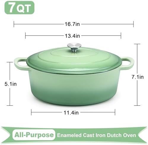 E-far 7QT Oval Dutch Oven Pot with Lid, Green Enameled Cast Iron Dutch Oven - Image 2