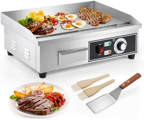 IRONWALLS Electric Griddle Nonstick 22 Inch, Stainless Steel Commercial Griddle for Indoor & Outdoor, 2-IN-1 Half Flat Top Griddle Grill for Restaurant & Home, 122℉-572℉ Adjustable Temperature by IRONWALLS