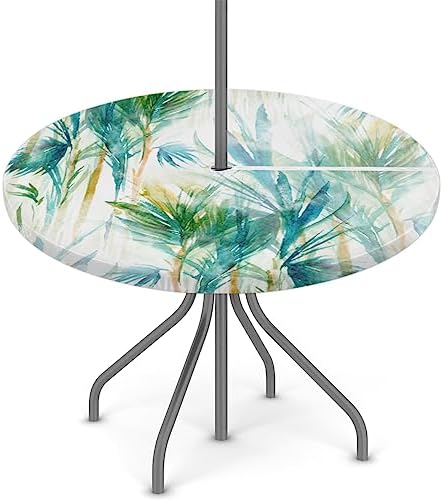 Fitted Round Tablecloth with Umbrella Hole and Zipper Tropical Trees Outdoor Elastic Table Cloth 36"-44" Oil-Proof Waterproof Abstract Tree Patio Table Cover for Picnic Party - Image 2