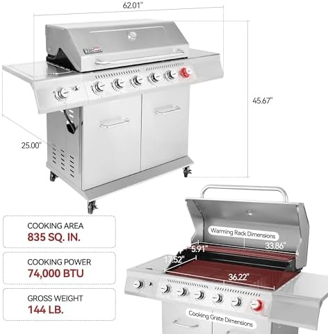 Royal Gourmet GA6402S 6-Burner Propane Gas Grill with Side Burner, Silver - Image 3