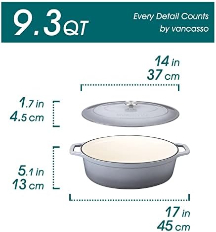 vancasso 9.3 Qt Oval Enameled Cast Iron Dutch Oven with Lid, Grey - Image 2