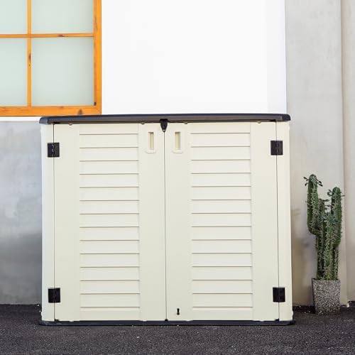 Mrosaa Outdoor Patio Storage Shed,Waterproof Horizontal Outdoor Storage Cabinet for Garbage Cans,Tools and Lawnmower Lockable(34 Cu.ft-Warm-White) - Image 7