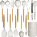oannao Silicone Cooking Utensils Set - 446°F Heat Resistant Silicone Kitchen Utensils for Cooking,Kitchen Utensil Spatula Set w Wooden Handles for Non-Stick Cookware, BPA FREE (Cream White) by oannao