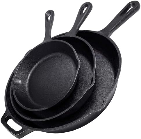 Cast Iron Skillet 3-Piece Set - 12", 10", 8" Heavy-Duty Professional Restaurant Chef Quality Pre-Seasoned Pan Cookware - For Frying, Saute, Cooking, Pizza - Black by Simple+Chef