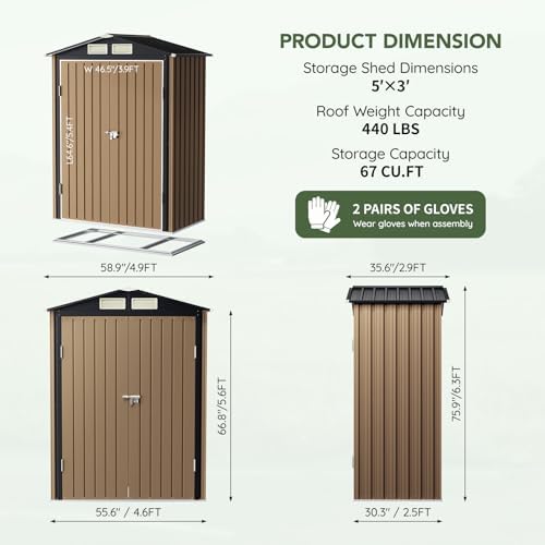 5 x 3 FT Storage Shed with Floor Frame for Backyard, Brown - Image 2