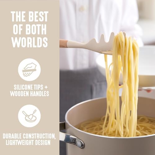 GreenLife 11 Piece Silicone Utensil Crock Set, Nonstick Kitchen Tools, Ladle, Turner, Slotted Turner, Spatula, Spoon, Spaghetti Server, Brush, Whisk, Tongs, Crock, Cream White - Image 5
