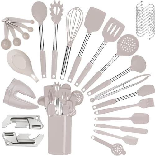 Silicone Kitchen Cooking Utensils Set with Stainless Steel Handle, Spatula Set Utensil Set, Cooking Utensil Set,Kitchen Tools Gadgets for Nonstick Cookware (35, Khaki) - Image 6