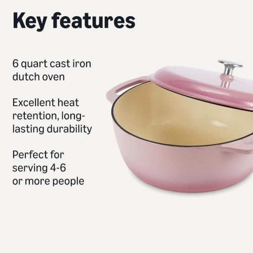 Amazon Basics Enameled Cast Iron Dutch Oven Pot With Lid, 6-Quart, Round, Dual Handles, Heavy-Duty, Oven Safe for Stews, Roasting & Baking, Light Pink - Image 2