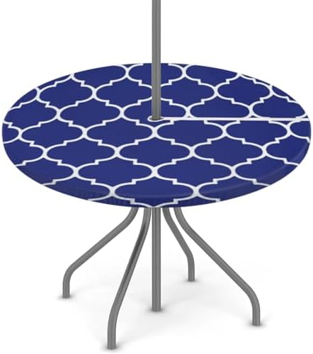 Fitted Round Tablecloth with Umbrella Hole and Zipper Navy Blue Outdoor Elastic Table Cloth 36"-44" Oil-Proof Waterproof Patio Table Cover for Dining Picnic Camping by GzLeyigouHomeKitchen