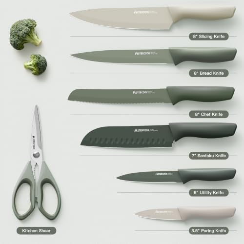 Astercook Knife Set, 13 Pieces Kitchen Knives Set with Healthy Anti-Rust Coating, Dishwasher Safe, Stainless Steel Chef Knife Sets with 6 Blade Guards, Perfect Holiday Gifts for Kitchen Green - Image 6