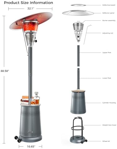 50,000 BTU Patio Heater for Outdoor Use With Adjustable Heat Focusing Top, Portable Propane Patio Heater with Wheels, Stainless Steel Burner for Porch, Deck, Garden, Commercial (Grey) - Image 6