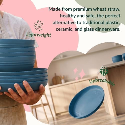 Wheat Straw Dinnerware Sets, Homienly 20pcs Unbreakable Microwave Dishwasher Safe Tableware Lightweight Bowls, Cups, Plates Set Reusable Dinner Plates Bowls set (Blue) - Image 5