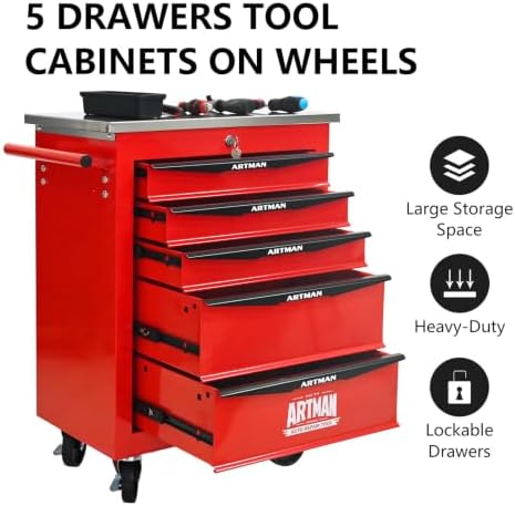 5-Drawer Heavy-Duty Rolling Tool Chest with Wheels & Steel Roof, Lockable Tool Chest Storage Cabinet for Garage, Workshop, Warehouse, and Repair Shop - Image 6