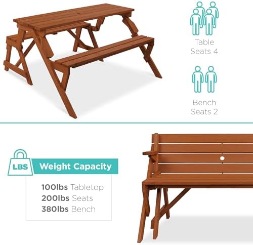 Best Choice Products 2-in-1 Transforming Interchangeable Outdoor Wooden Picnic Table Garden Bench for Backyard, Porch, Patio, Deck w/Umbrella Hole - Acorn - Image 6