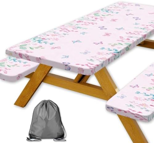 Butterfly Picnic Table Cover with Bench Covers, Camping Essentials, Flower Leaf Plant Waterproof Windproof Table Cover, Fitted Tablecloth Cover with Elastic Edge, for Indoor & Outdoor 3 PCS 30x60 Inch by Xguatan