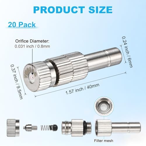 M METERXITY 20-Pack Brass Misting Nozzles, 0.031"/0.8mm Orifice Mister Replacement Heads with Filter Mesh for Cooling System/Landscaping/Humidification, 6mm Low-Pressure Fog Sprayer Nozzle - Image 3