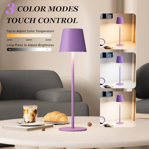 Kakanuo Cordless Table Lamp Rechargeable Purple - KK 2 Pack 5000mAH Battery Operated Lamp for Counter, 3 Color Stepless Dimming Wireless Lamp for Dining Kitchen, Outdoor Patio, Touch Control - Image 2