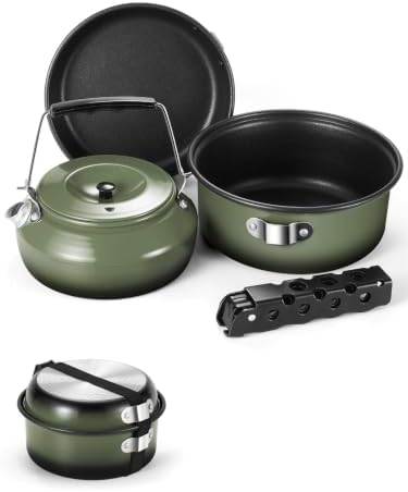 Odoland 5pcs Camping Cookware Non-Stick Camping Pot and Pan Set with Kettle and Removable Handle for Hiking Backpacking and Picnic by Odoland